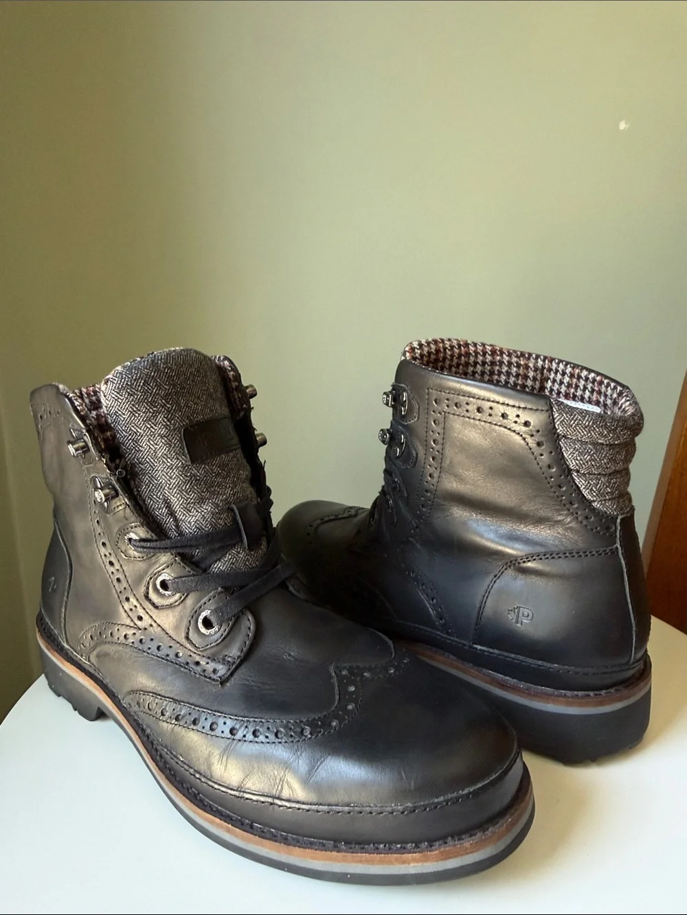 Pajar Canada Leather Wingtip Lace-Up Combat Boots Black Plaid Lined US 11–11.5